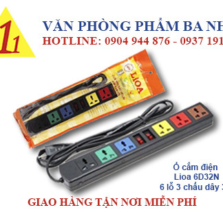 ổ cắm điện, ổ cắm lioa 6d32n, ổ cắm điện 6 lỗ 3 chấu dây dài 3m Lioa