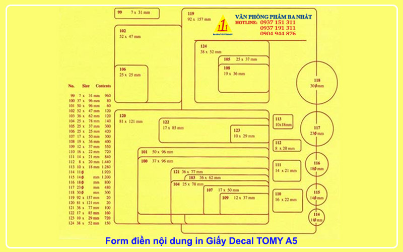 mẫu in decal Tomy A5, form điền nội dung in giấy decal tomy A5