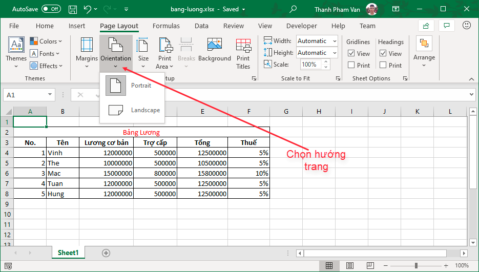 Đổi hướng trang in trong Excel