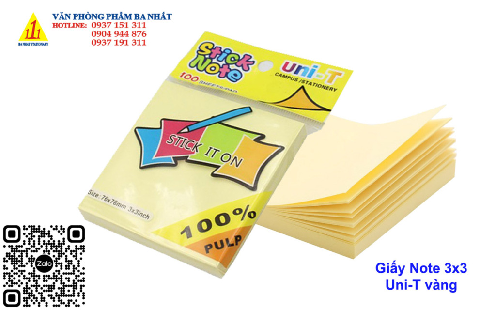 giấy note uni-T 3x3 vàng, giấy note 3x3 uni-T màu vàng
