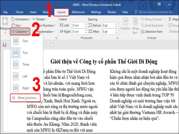 Các bước chia văn bản thành nhiều cột  trong Word 2019, 2016