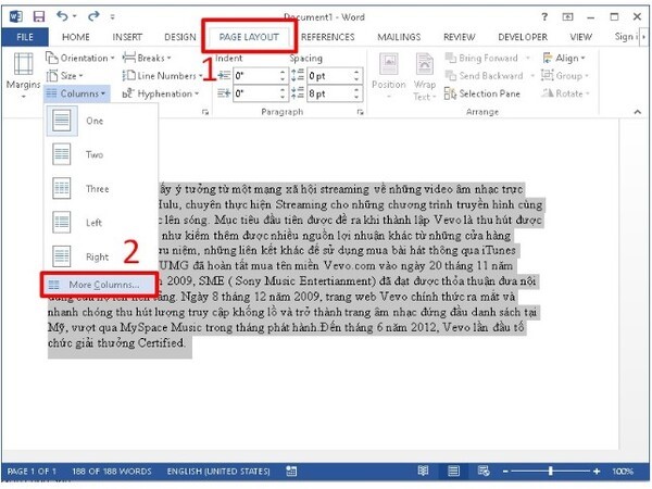 Các bước chia văn bản thành nhiều cột  trong Word 2013