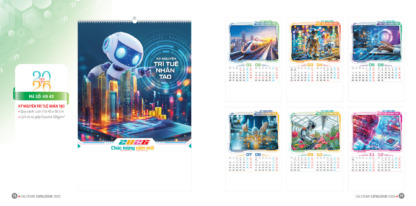 Mẫu lịch treo tường 7 tờ lò xo 2026 thiết kế bằng trí tuệ nhân tạo, mang phong cách hiện đại, màu sắc độc đáo và hiệu ứng hình ảnh sáng tạo, phù hợp doanh nghiệp muốn tạo điểm nhấn công nghệ trong quà tặng Tết.