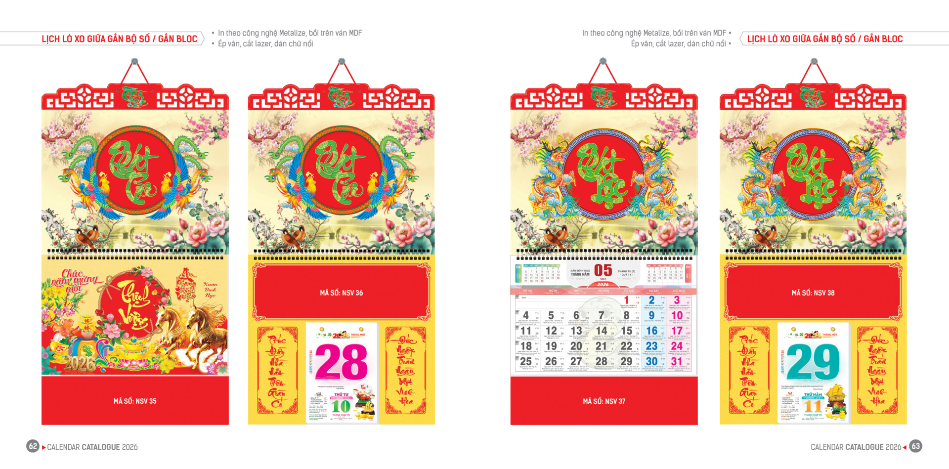 Mã NSV35–NSV38. Thiết kế long phụng sum vầy, màu sắc đỏ – vàng chủ đạo. In Metalize, ép nổi chữ thư pháp “Phát Lộc”, thể hiện ước vọng năm mới sung túc, vận niên hưng thịnh.