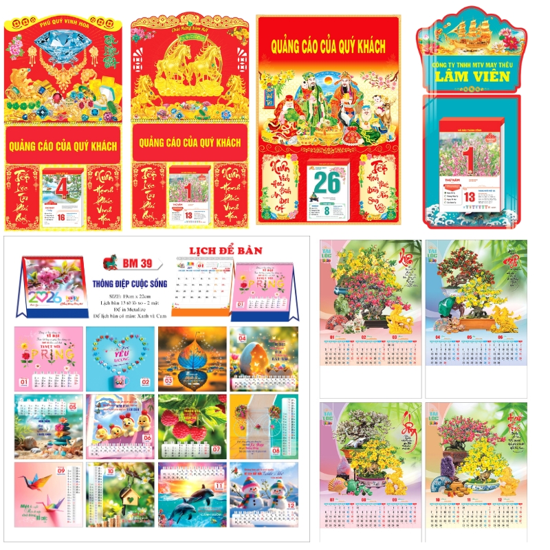 So sánh bảng giá in lịch Tết 2026 chi tiết cho lịch bloc, 7 tờ, 13 tờ, để bàn. Cập nhật báo giá mới nhất giúp bạn chọn lựa quà Tết tối ưu nhất.