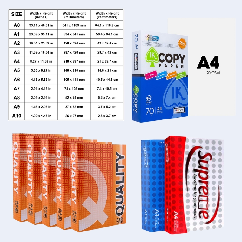 Giấy A4 có kích thước chuẩn 21 × 29,7 cm, tương đương 210 × 297 mm. Nếu quy đổi sang đơn vị inch, khổ giấy này sẽ bằng 8.27 × 11.69 inch, theo tiêu chuẩn ISO 216, được sử dụng phổ biến trong in ấn, văn phòng và học tập hàng ngày.