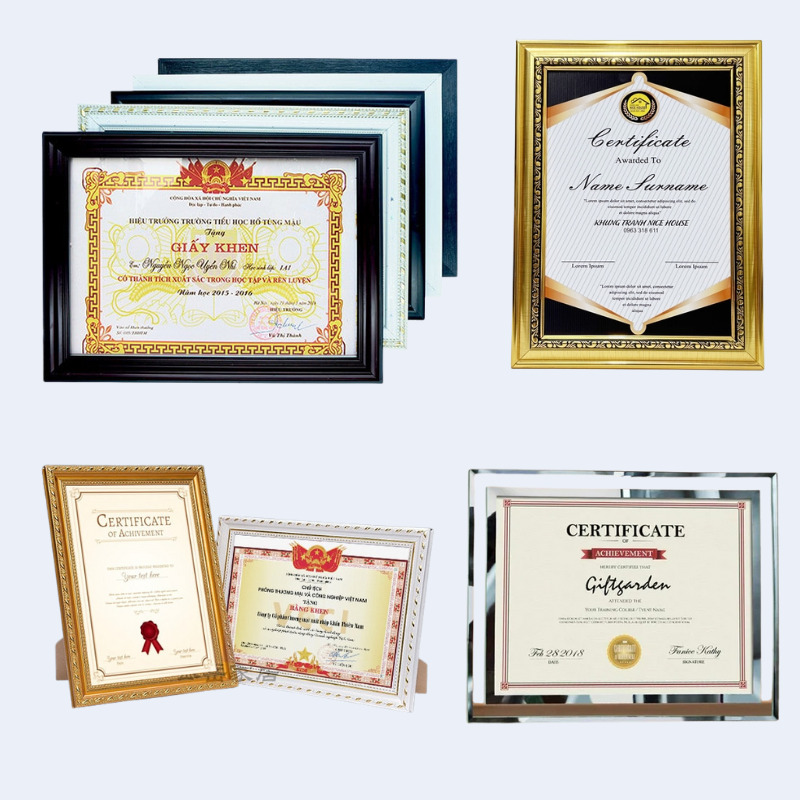 Top 20+ mẫu khung bằng khen đẹp, sang trọng và tinh tế – từ khung A4/A3 chất liệu gỗ, nhôm, mica kính tới mẫu theo yêu cầu dành cho doanh nghiệp và cá nhân.