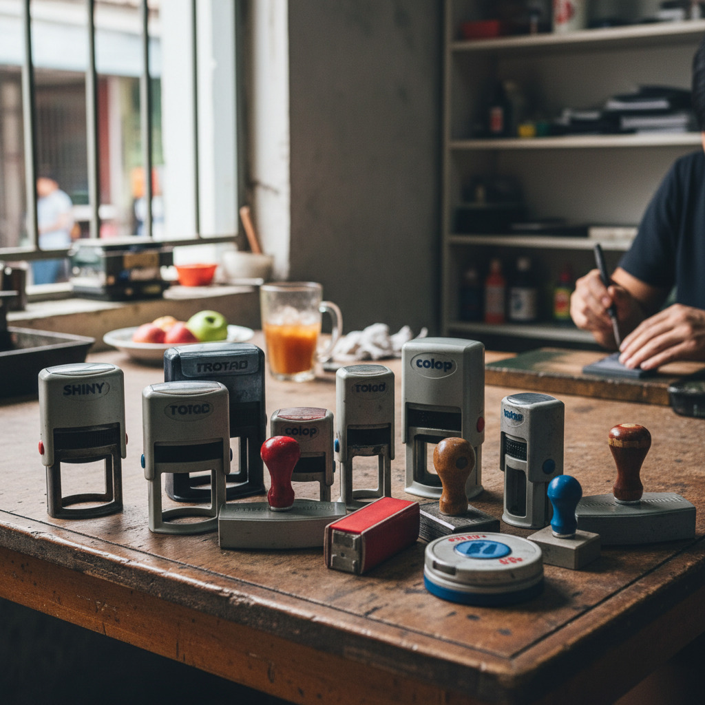 Một bộ sưu tập đa dạng các con dấu tự động chính hãng từ các thương hiệu Shiny, Trodat và Colop được trưng bày trên một chiếc bàn gỗ cũ trong môi trường làm việc của một xưởng khắc dấu. Các con dấu có nhiều kích cỡ và kiểu dáng khác nhau, bao gồm cả loại có cán tự động và cán gỗ truyền thống. Phía sau, một người đang cặm cụi làm việc, thể hiện sự chuyên nghiệp trong dịch vụ khắc dấu.