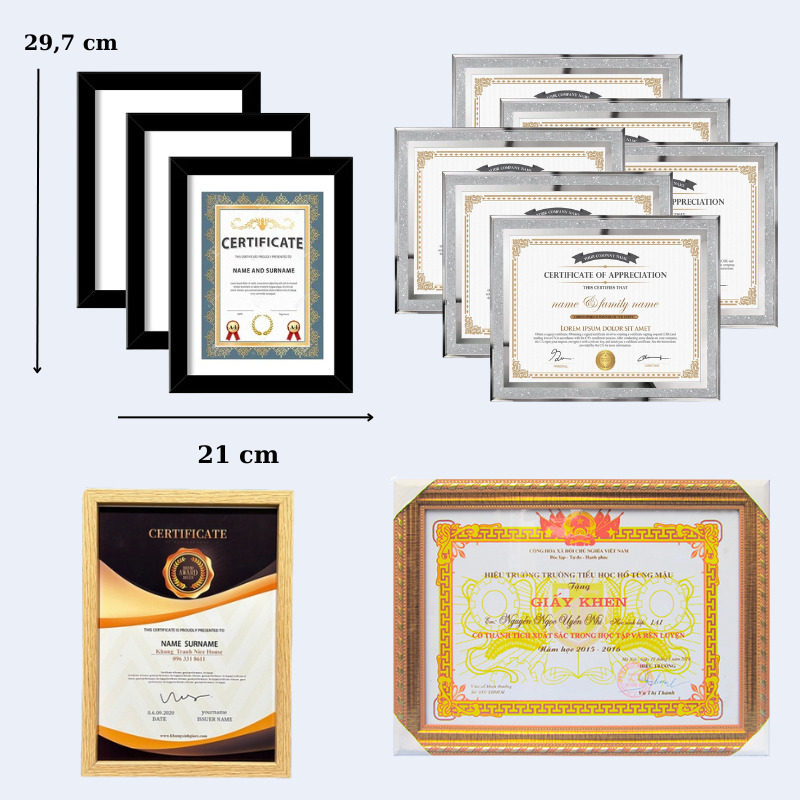 Kích thước khung bằng khen A4 thường được làm lớn hơn giấy A4 để tạo bo viền và tăng độ thẩm mỹ. Giấy A4 là 21 x 29,7 cm, khung thông dụng khoảng 24 x 33 cm hoặc 25 x 35 cm tùy kiểu khác.