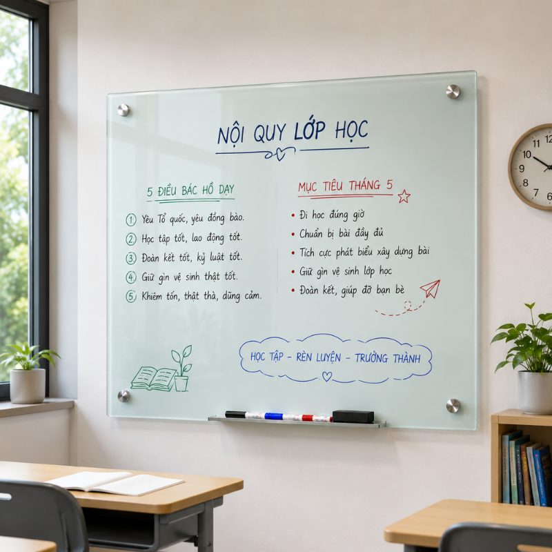 Bảng kính gắn tường mẫu đẹp 2026 với thiết kế hiện đại, dễ lau xóa, bền bỉ và phù hợp văn phòng, trường học, phòng họp.