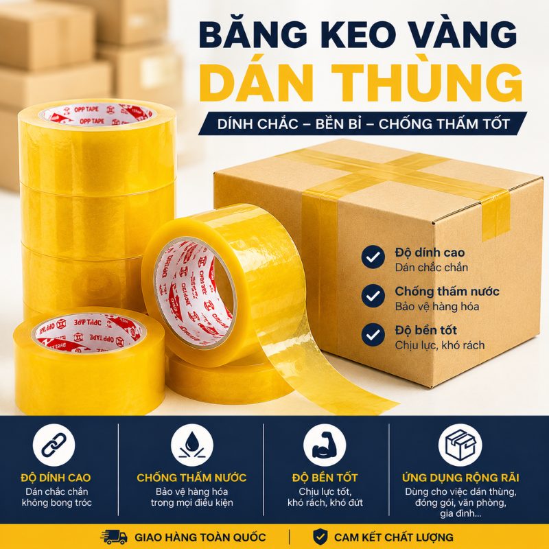 Cập nhật bảng giá sỉ lẻ băng keo vàng dán thùng rẻ nhất 2026. Cam kết độ dính cao, màng dai chống rách, tối ưu chi phí đóng gói hàng hóa.